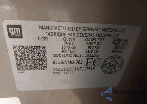 2022 Chevrolet Malibu Fwd Lt из США, поврежденный, VIN 1G1ZD5ST1NF117518